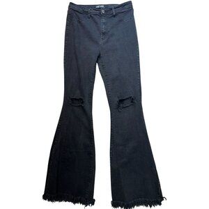 JC JQ Womens Distressed Flared Jeans Raw Hem Stretch Denim Sz XL Black Dark Wash